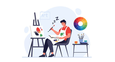 Creative Artist Taking A Nap While Painting With Easel And Color Wheel