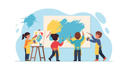 Creative Children Collaborate On a Large Artwork In an Art Class Setting