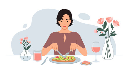 Elegant Woman Enjoys Avocado Toast Brunch With Wine And Floral Arrangement