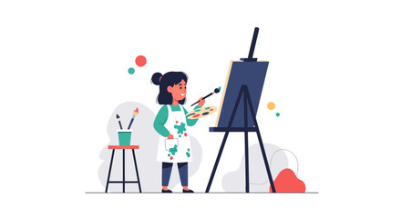 Creative Expression Girl Painting On Canvas With Easel In Studio Illustration
