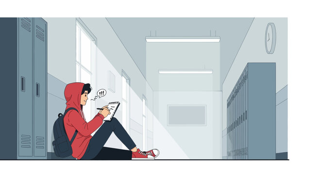 Creative Student Sitting In Hallway Writes Thoughts On Notepad Illustration