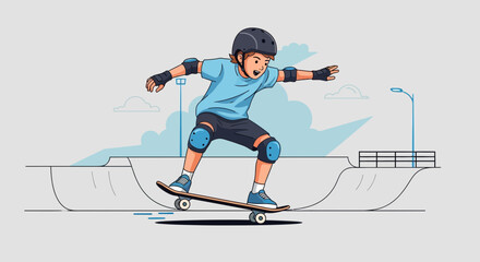 Fototapeta premium Enthusiastic Skateboarder Riding Through a Skatepark on a Sunny Day Having Fun
