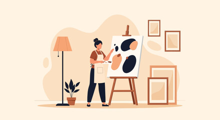 Creative Woman Painting Abstract Shapes On Canvas In Her Home Studio