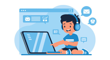 Enthusiastic Student Learns Remotely Using Laptop with Headphones From the Comfort of Home