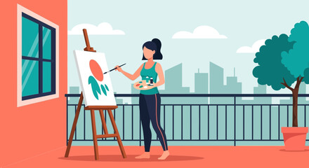 Creative Woman Painting Abstract Art On Balcony Overlooking The Cityscape View