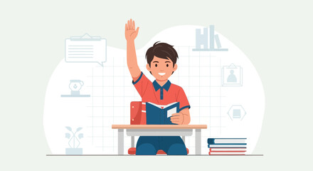 Enthusiastic Student Raising His Hand During Class Session In Elementary School
