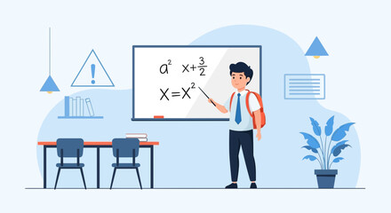 Enthusiastic Student Solving Equations On Whiteboard In Classroom Illustration