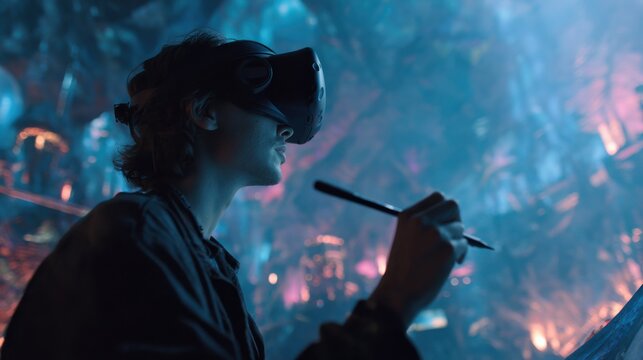 Artist in a side profile view intently drawing animated visuals with a VR stylus in a dimly lit pit the foreground sharply detailed with a blurred futuristic setup behind.