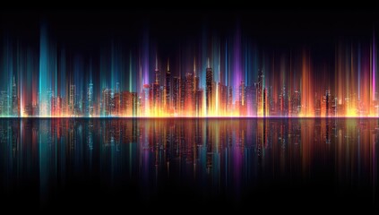 Neon Cityscape Night Reflection; Futuristic Urban Panorama
