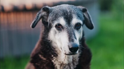 Close up of a woman's hand petting a black and brown, stray dog sitting on the grass in a park