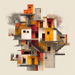 Abstract Urban Collage Housing Density, Overlapping Structures, Cityscape