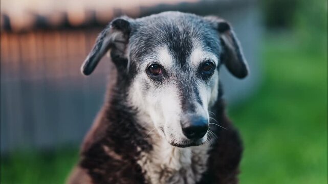 Close up of a woman's hand petting a black and brown, stray dog sitting on the grass in a park