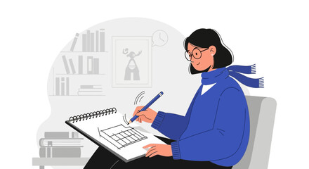Female Illustrator Creating New Architectural Sketches In Her Home Studio