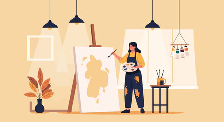 Female Painter Creates Abstract Art In Bright Studio Using Canvas And Easel