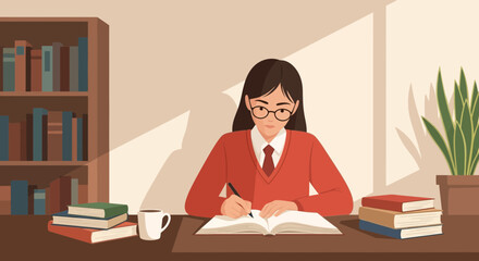 Female Student Studying At Her Desk With Bookshelf And Plants Vector