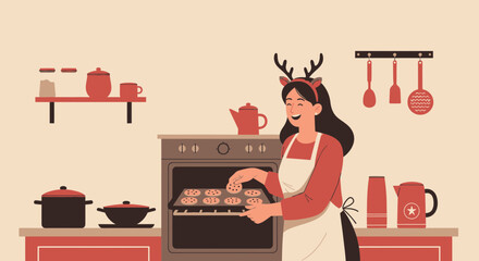 Festive Baking Joy Woman Preparing Cookies in Retro Style Kitchen Scene