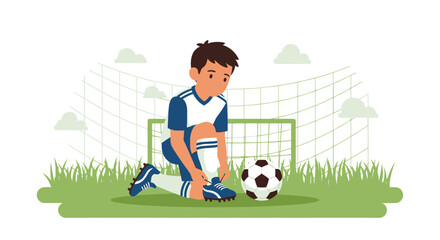 Focused Soccer Player Preparing For The Game By Tying Shoe Laces