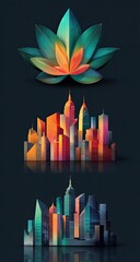 Cityscape, Lotus Bloom, Night, Abstract Art, Urban Growth,  Poster Design