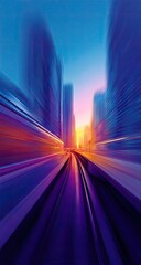 City sunrise, fast train motion blur, urban landscape, travel poster