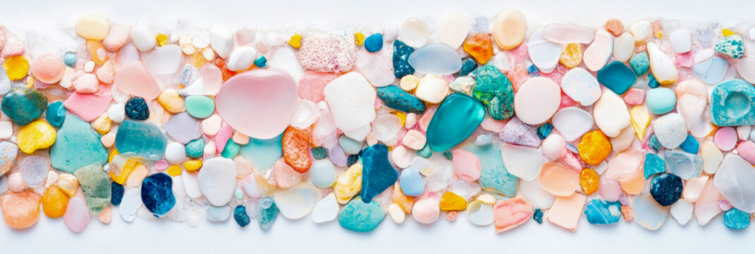 A calming collection of smooth, colorful sea glass pebbles and polished stones arranged on a pristine light canvas, perfect as a serene banner or abstract print.