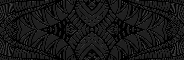 Banner, cover design, wallpaper, mural. Geometric ethnic exotic pattern on black background, embossing. Zentangle, doodling, handmade. Ornaments, arabesques, mandala of the East, Asia, India, Mexico. ©  swetazwet