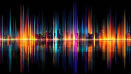 Vibrant city skyline reflected in water at night, colorful aurora borealis effect; futuristic design