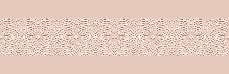 Banner, cover design, fresco. Geometric ethnic floral pattern, pink background, embossing. Handmade style. Ornaments, arabesques, mandala of the East, Asia, India, Mexico, Aztec, Peru.