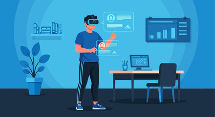 Immersive Vr Experience Man Interacts With Augmented Reality Digital Interface