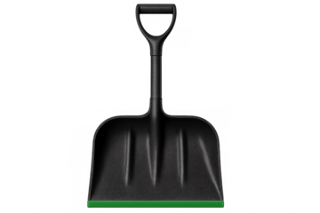 Black snow shovel with green highlights, showcasing clean lines and practical winter design against crisp white backdrop