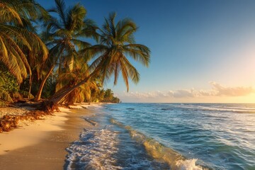 Serene Beach Sunset View with Palm Trees