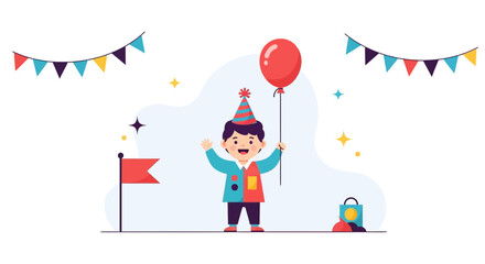 Joyful Celebration Little Boy Character With Balloon On Festive Holiday Scene