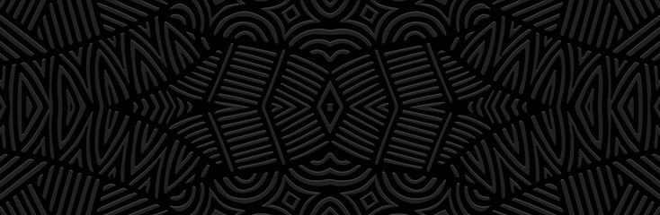 Banner, cover design, fresco. Geometric ethnic abstract pattern on black background, embossing. Zentangle, doodling, handwork. Ornaments, arabesques, mandala of the East, Asia, India, Mexico, Aztecs. ©  swetazwet