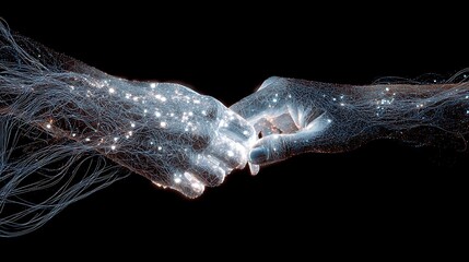 a pair of glowing human hands weaving luminous threads in midair, each thread representing a unique memory, abstract symbolic fabric forming in space 