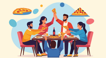 Joyful Gathering Friends Eating Pizza Together At Table Enjoying Time