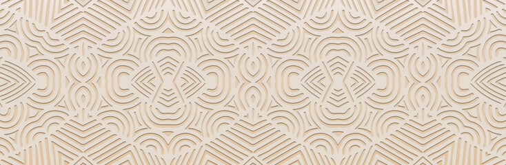 Banner, cover design, fresco. Geometric ethnic vintage pattern on a light background, embossing. Zentangle, doodling, handmade. Ornaments, arabesques, mandala of the East, Asia, India, Mexico, Aztecs.