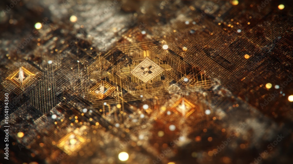 Aufkleber macro image featuring a smartwatch chip with intricate patterns and embedded photon trap structures,