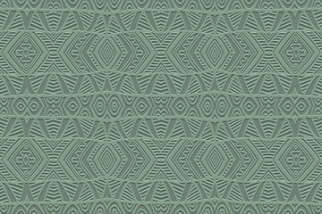 Ethnic green background, banner, tribal cover design, mural. Geometric embossed exotic pattern, doodling, zentangle, handmade. Ornaments of the East, Asia, India, Mexico, Aztec, Peru.