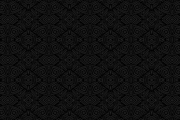 Ethnic black background, banner, tribal cover design, mural. Geometric embossed boho pattern, doodling, zentangle, handmade. Ornaments of the East, Asia, India, Mexico, Aztec, Peru.