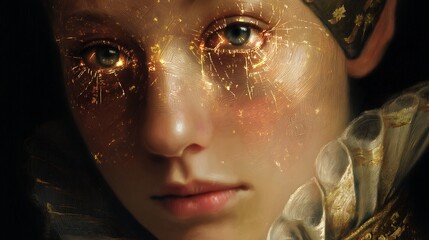 renaissance-inspired portrait of a female muse, glowing cybernetic eyes, golden circuits under semi-translucent skin, elegant clothing from 16th century, soft painterly style, high detail, digital-ren