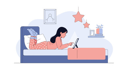Girl Relaxing In Bed Using Digital Tablet For Entertainment At Home
