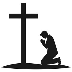 Vector art of a man is kneeling in prayer next to a cross isolated on white background