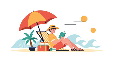 Leisurely Afternoon Beach Escape Man Relaxing Reading Book Under Umbrella