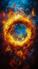 An intense abstract expression of opposing forces with a fiery golden ring swirling in a profound dark blue and red universe, suitable for a striking art print.