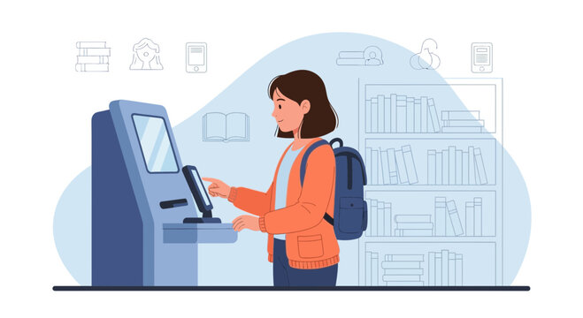 Girl Using Self Service Kiosk To Borrow Books At The Public Library
