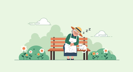 Grandmother Resting On Park Bench With Her Cat After Gardening Day