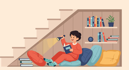 Happy Boy Enjoying Reading a Book in his Hideaway Under the Stairs