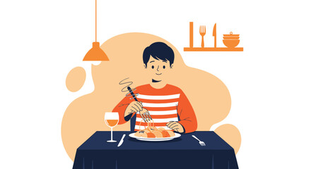 Man Enjoying Delicious Spaghetti At Restaurant With A Glass Of Wine