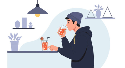 Man Enjoying Refreshing Drink At The Bar In A Modern Illustrated Style