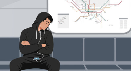Sleepless Commute A Man Dozing on a Subway Journey in Urban Lifestyle