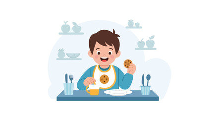 Happy Little Boy Enjoying Snack Time With Cookie And Drink At The Table